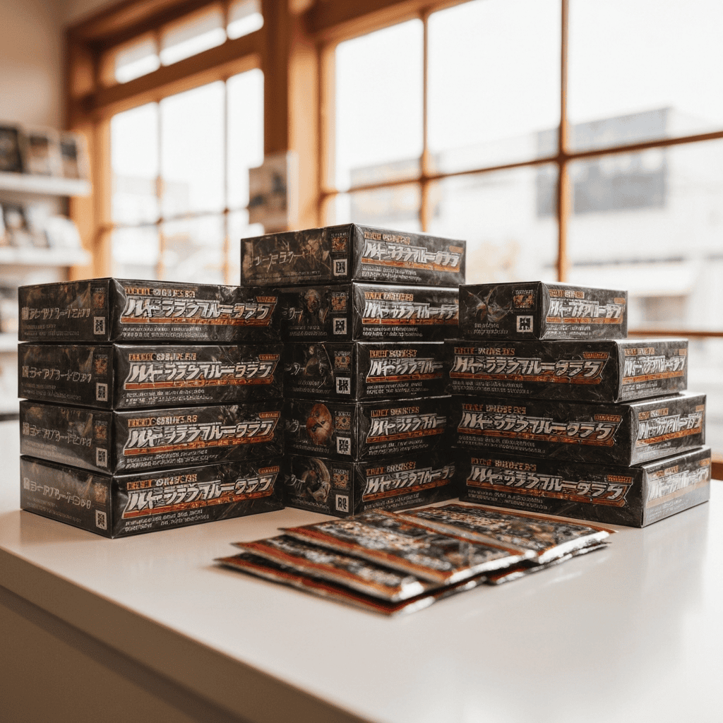 Japanese trading card booster boxes on a counter
