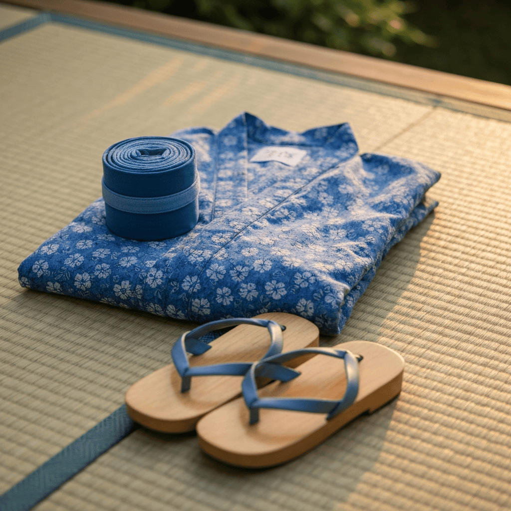 Folded indigo cotton yukata, rolled obi sash and wooden geta sandals on a tatami mat