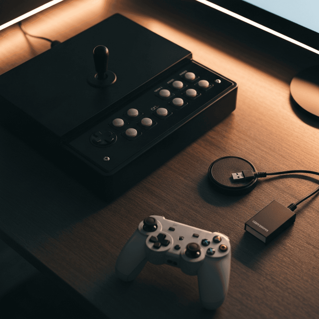 Arcade fight stick, controller and small USB adapter arranged on a dark gaming desk