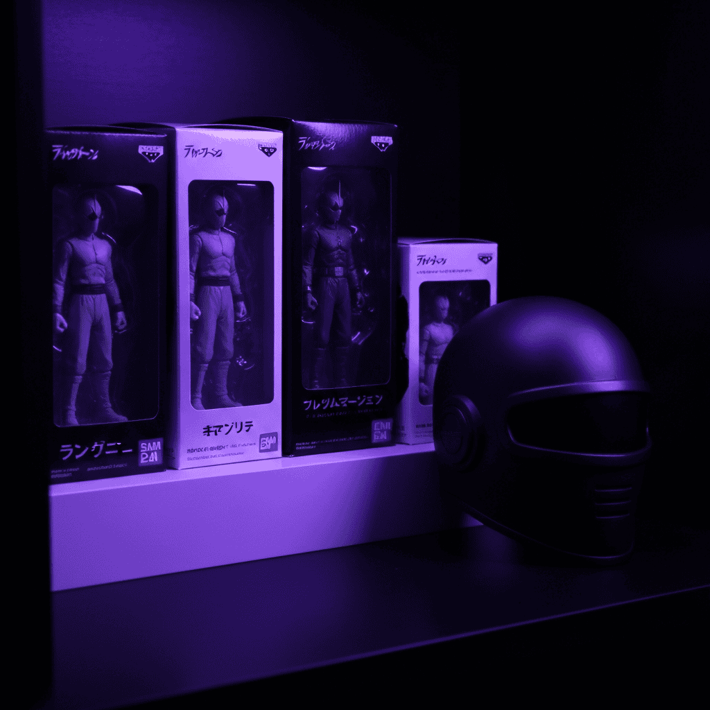 Collector shelf with plain boxed Japanese figures under violet rim lighting