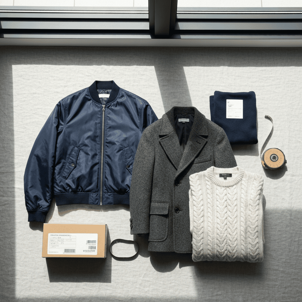 Folded Japanese jackets and a coat on a pale surface with a tape measure and shipping box