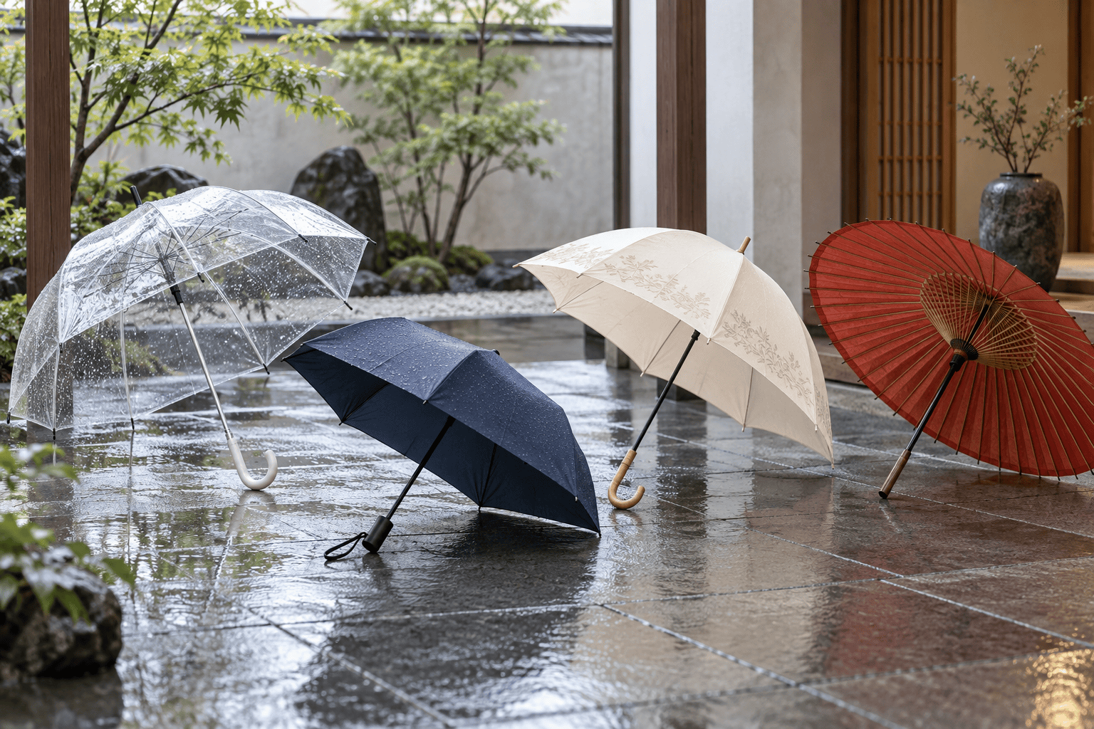 Clear, folding, UV parasol and traditional wagasa umbrellas in a Japanese courtyard