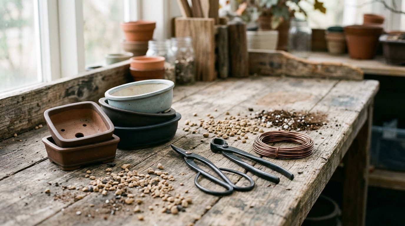 Empty Japanese bonsai pots, long-handled shears, branch cutters and a coil of training wire