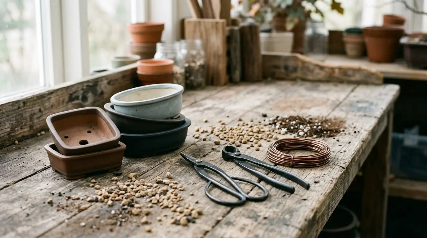 Empty Japanese bonsai pots, long-handled shears, branch cutters and a coil of training wire