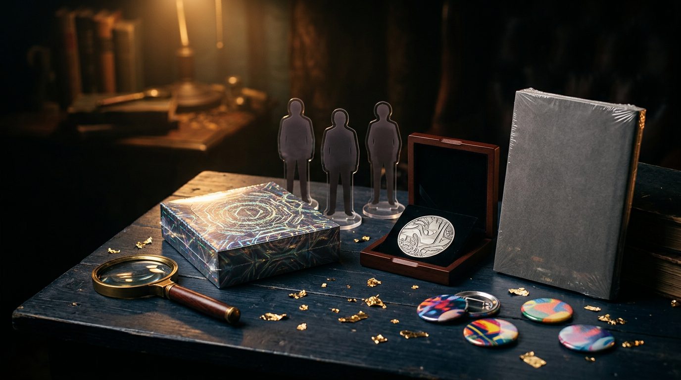 A magnifying glass, a sealed holographic card box, acrylic stands, a coin presentation case and pin badges on a dark desk