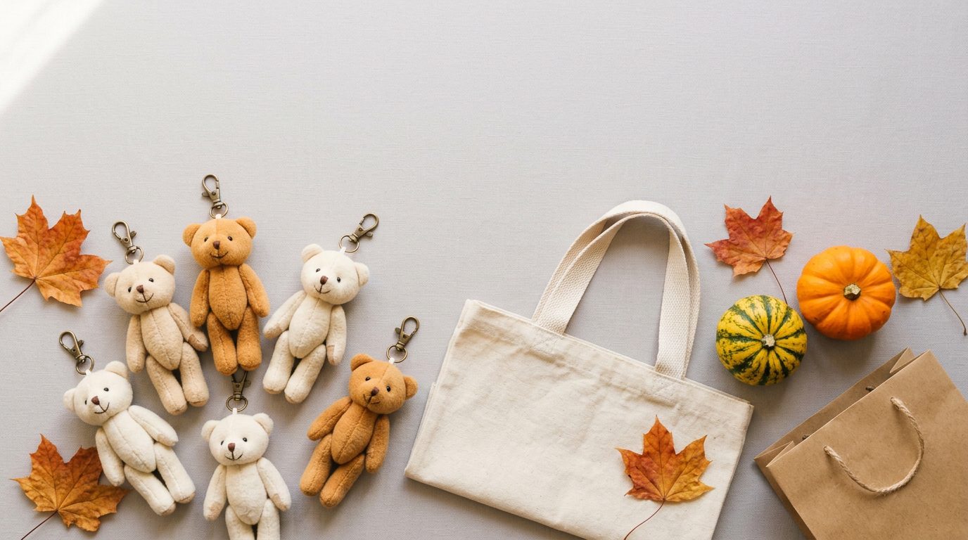 Flat lay of small teddy-bear plush charms with a canvas tote bag, autumn leaves and pumpkins