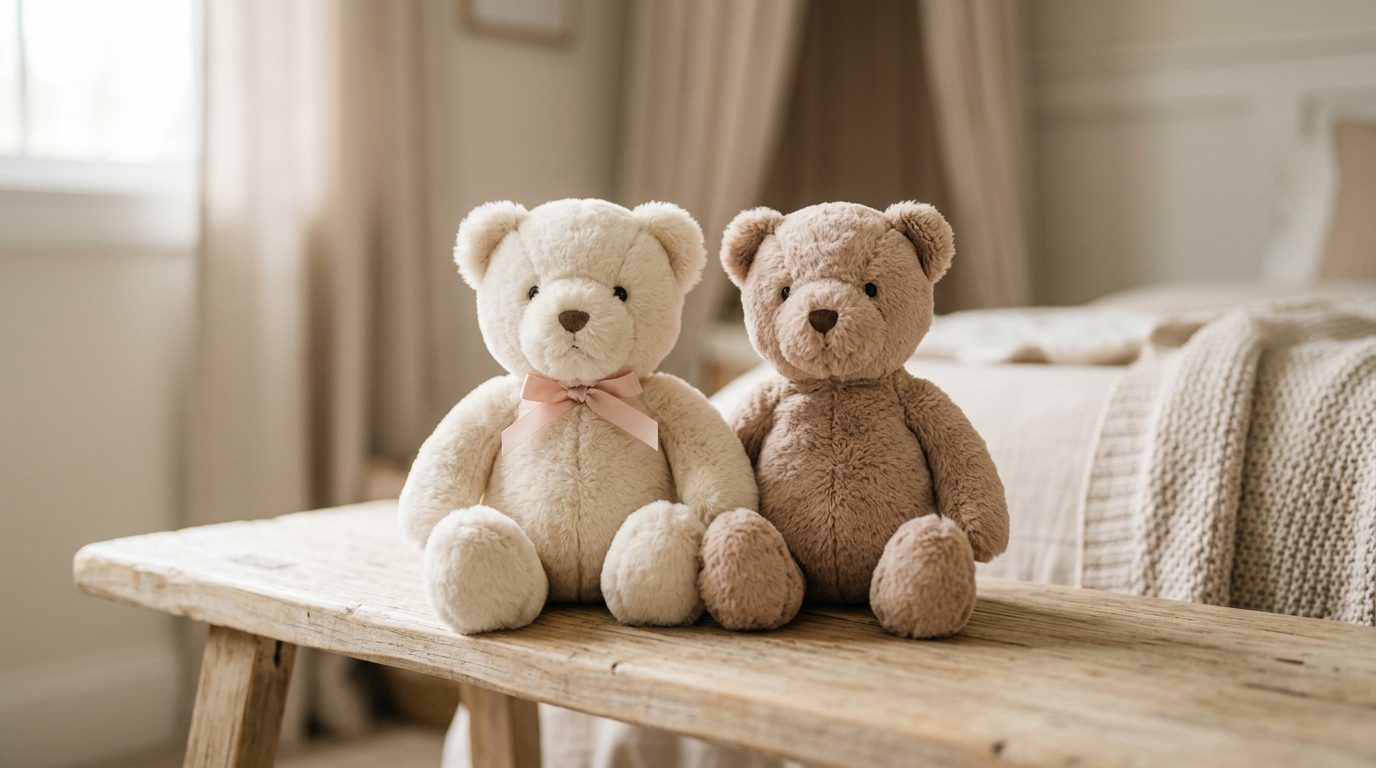 Two cream and pale brown plush bears sitting side by side on a pale wood bench