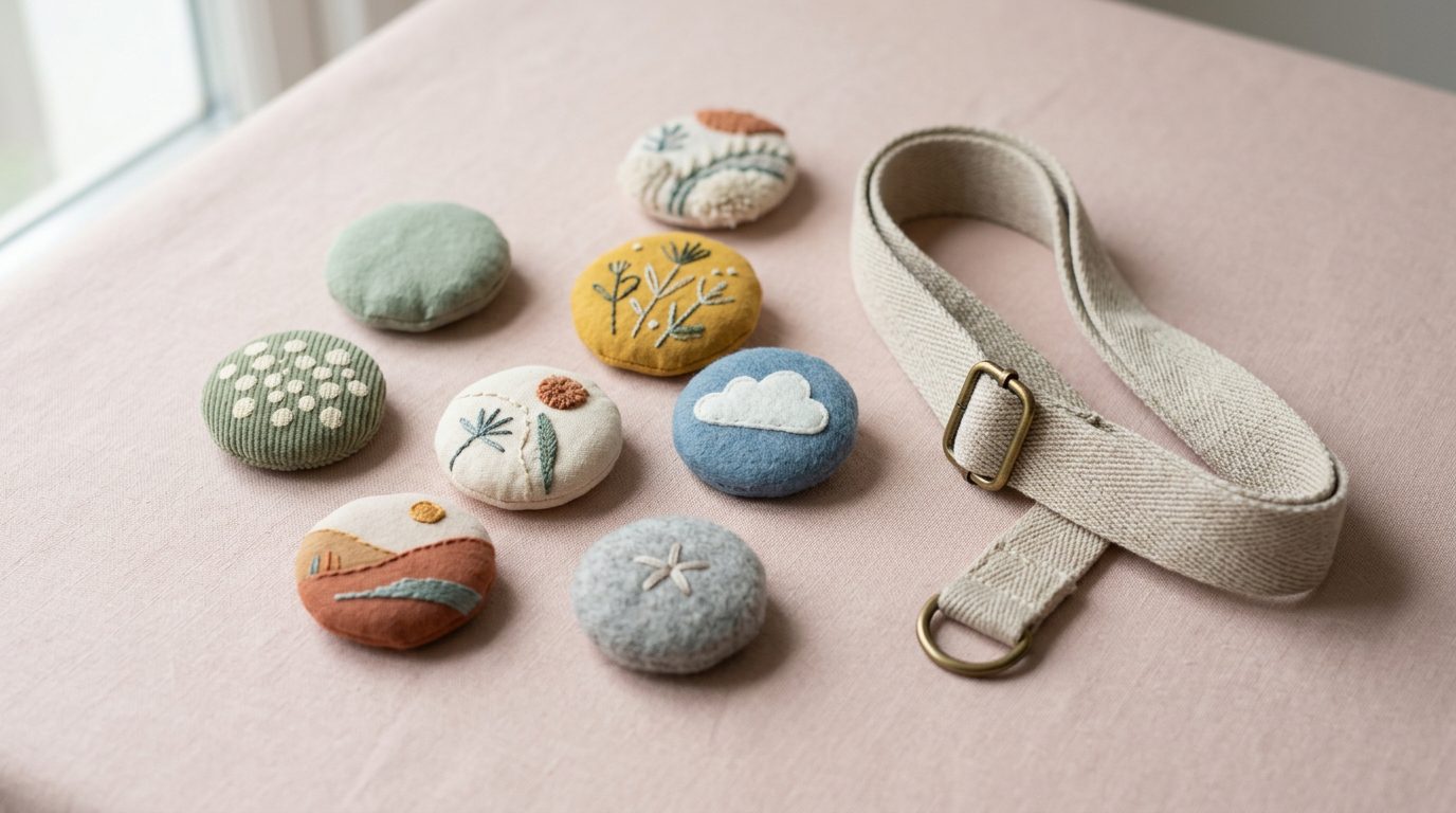 Flat lay of small round plush badges and a fabric strap on a pale pink surface
