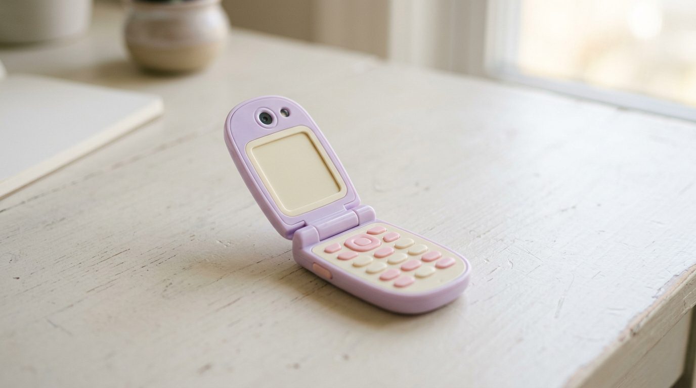 Pastel lilac flip-phone-shaped toy camera lying open on a pale desk