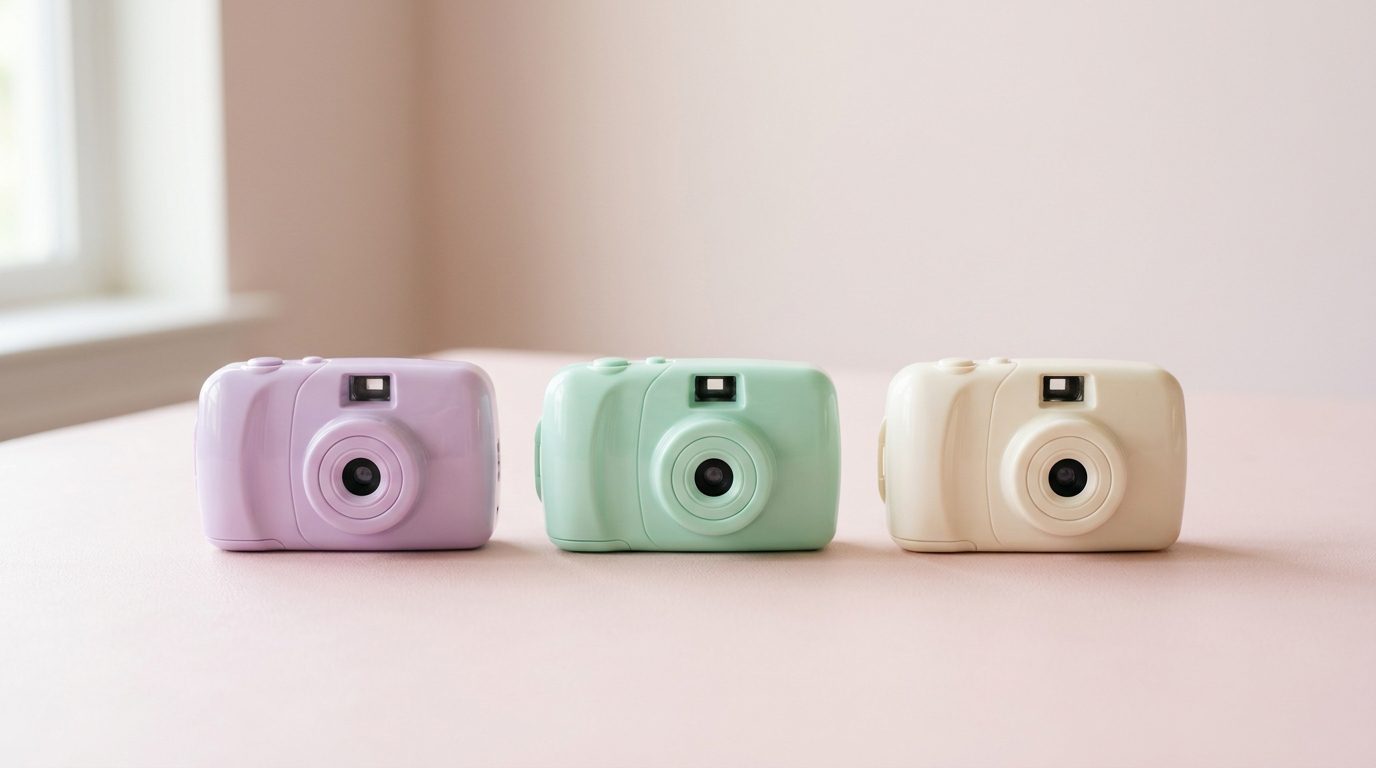Three pastel clamshell toy cameras standing closed in a row on a pink surface