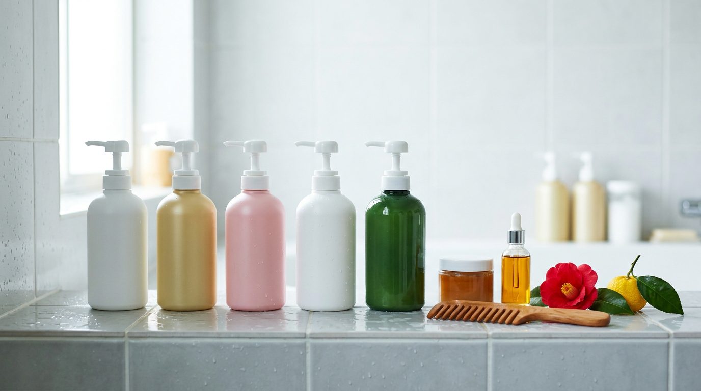 Row of Japanese shampoo and conditioner bottles with a hair mask jar, hair oil and a camellia flower on a bathroom shelf