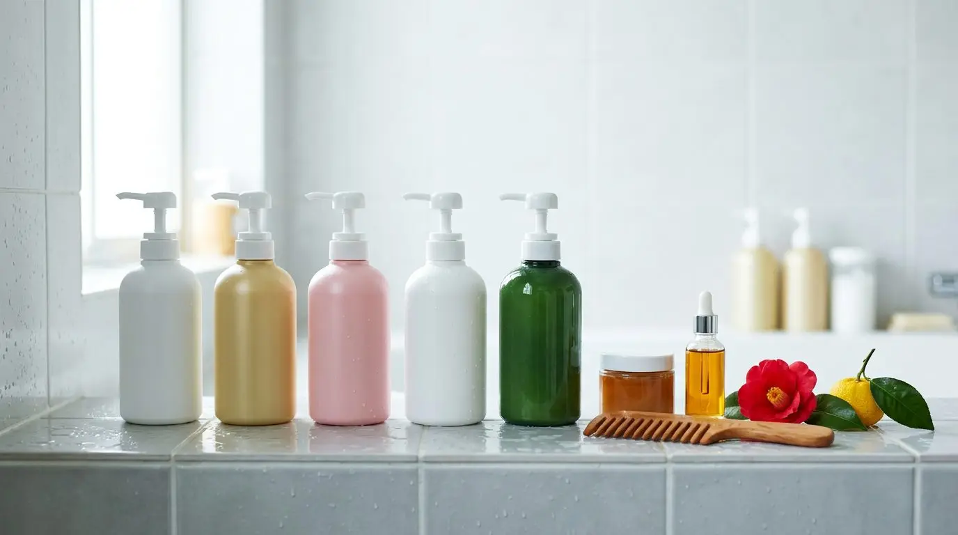 Row of Japanese shampoo and conditioner bottles with a hair mask jar, hair oil and a camellia flower on a bathroom shelf