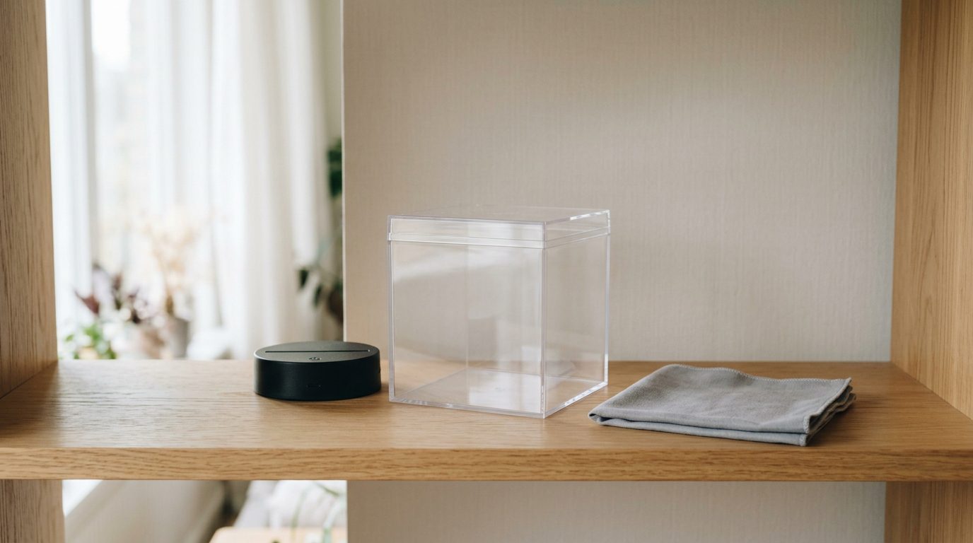 Empty clear acrylic figure display case on a shelf beside a small round LED base
