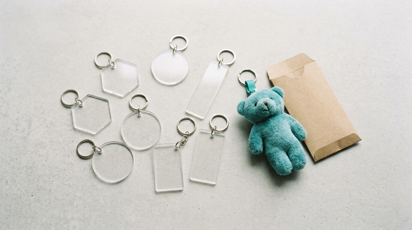 Flat lay of clear acrylic keychain blanks and a teal plush charm on grey