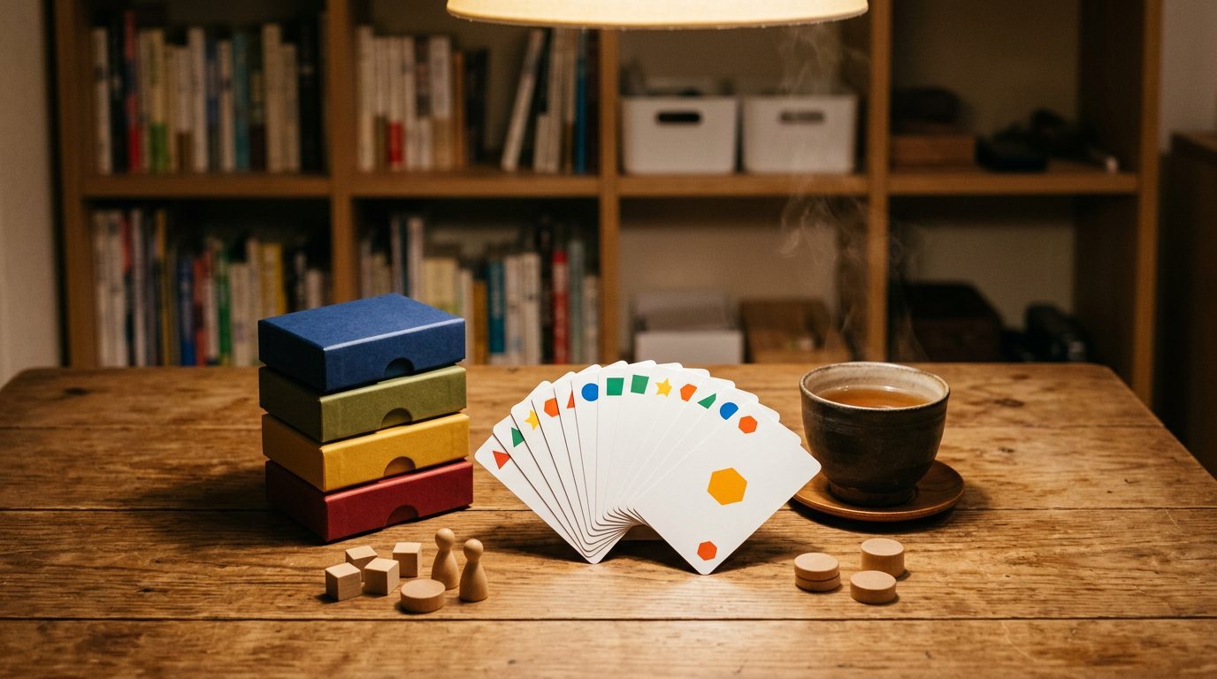 Best Japanese board games: compact card game boxes and wooden tokens on a table