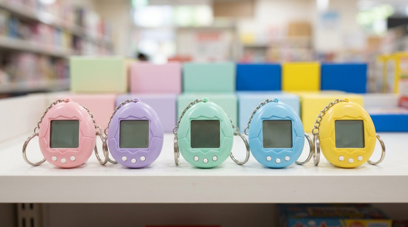 Japan exclusive Tamagotchi shells in pastel colours on a Japanese toy store shelf