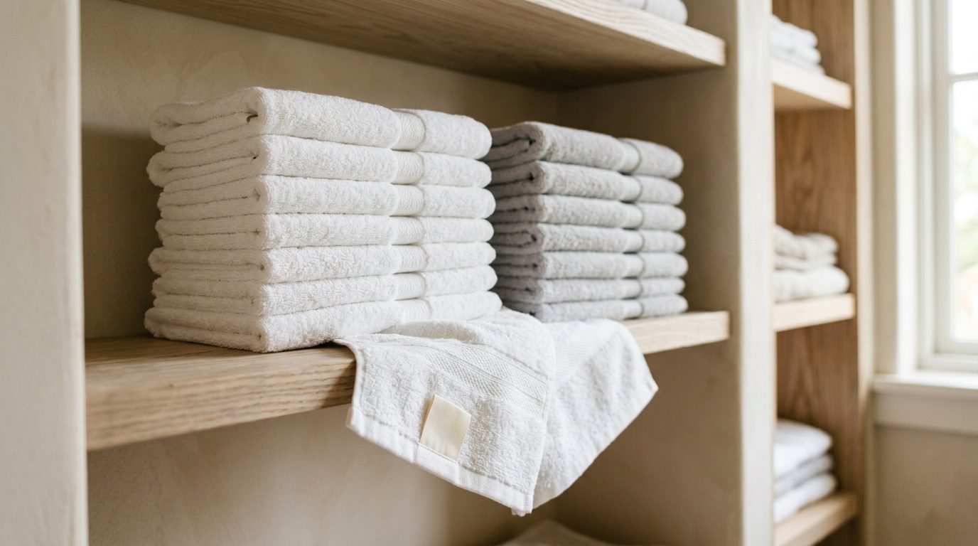 Folded white and grey Japanese cotton terry towels stacked on a pale wood shelf