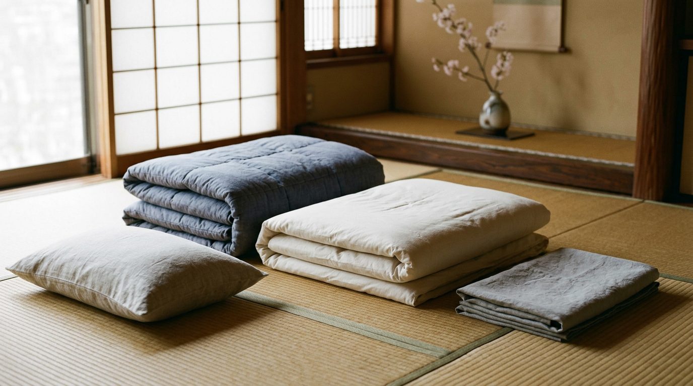 Japanese futon, quilted comforter and buckwheat pillow folded on tatami matting