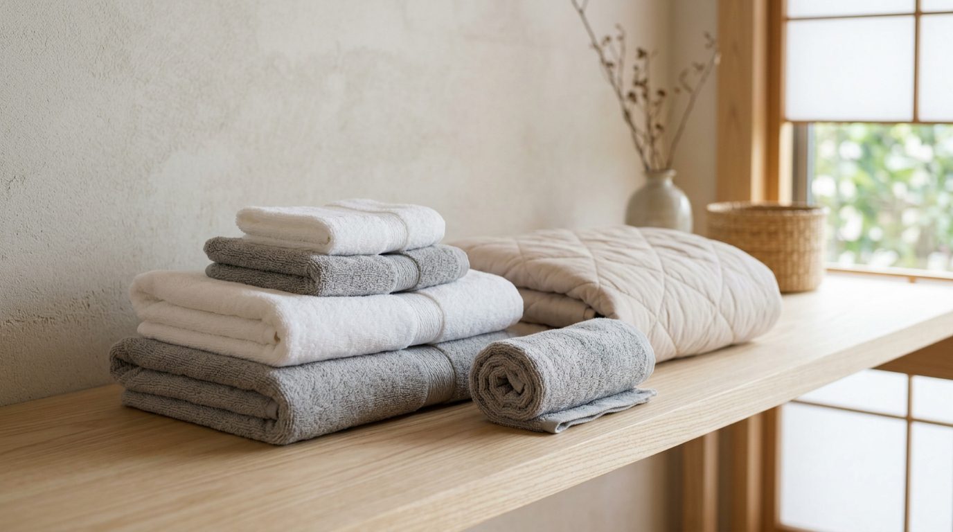 Stack of folded white and grey cotton terry towels with a quilted throw on a pale wood shelf