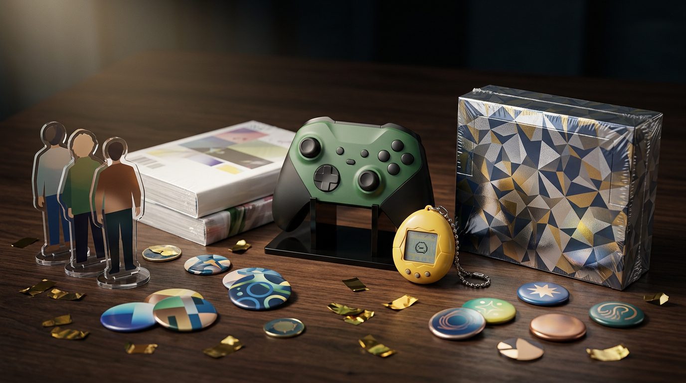 A collector's spread of anniversary merchandise from Japan: a green game controller on a stand, a yellow egg-shaped virtual pet, acrylic stands, a sealed card box and pin badges on a dark table