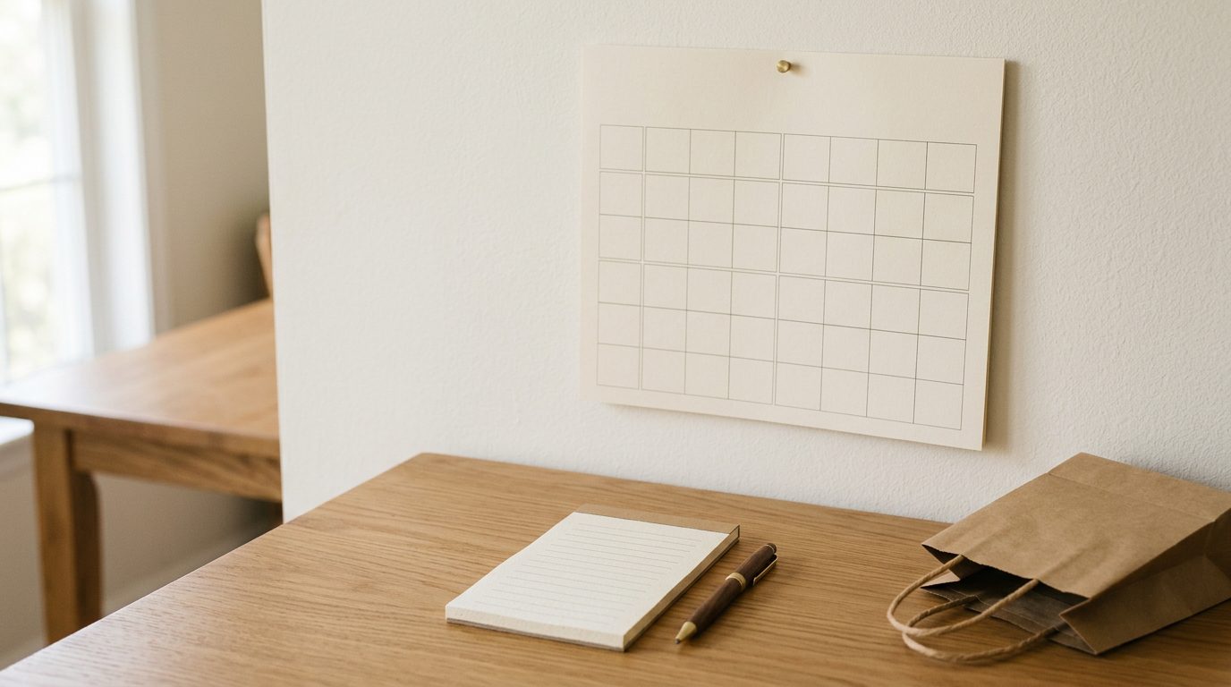 Plain cream calendar grid pinned above a desk with a blank notepad and pen