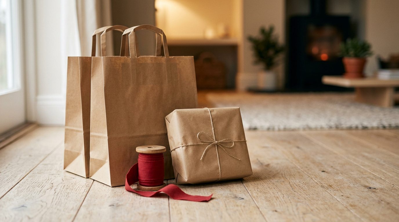 Stack of plain kraft shopping bags and a wrapped parcel with red ribbon