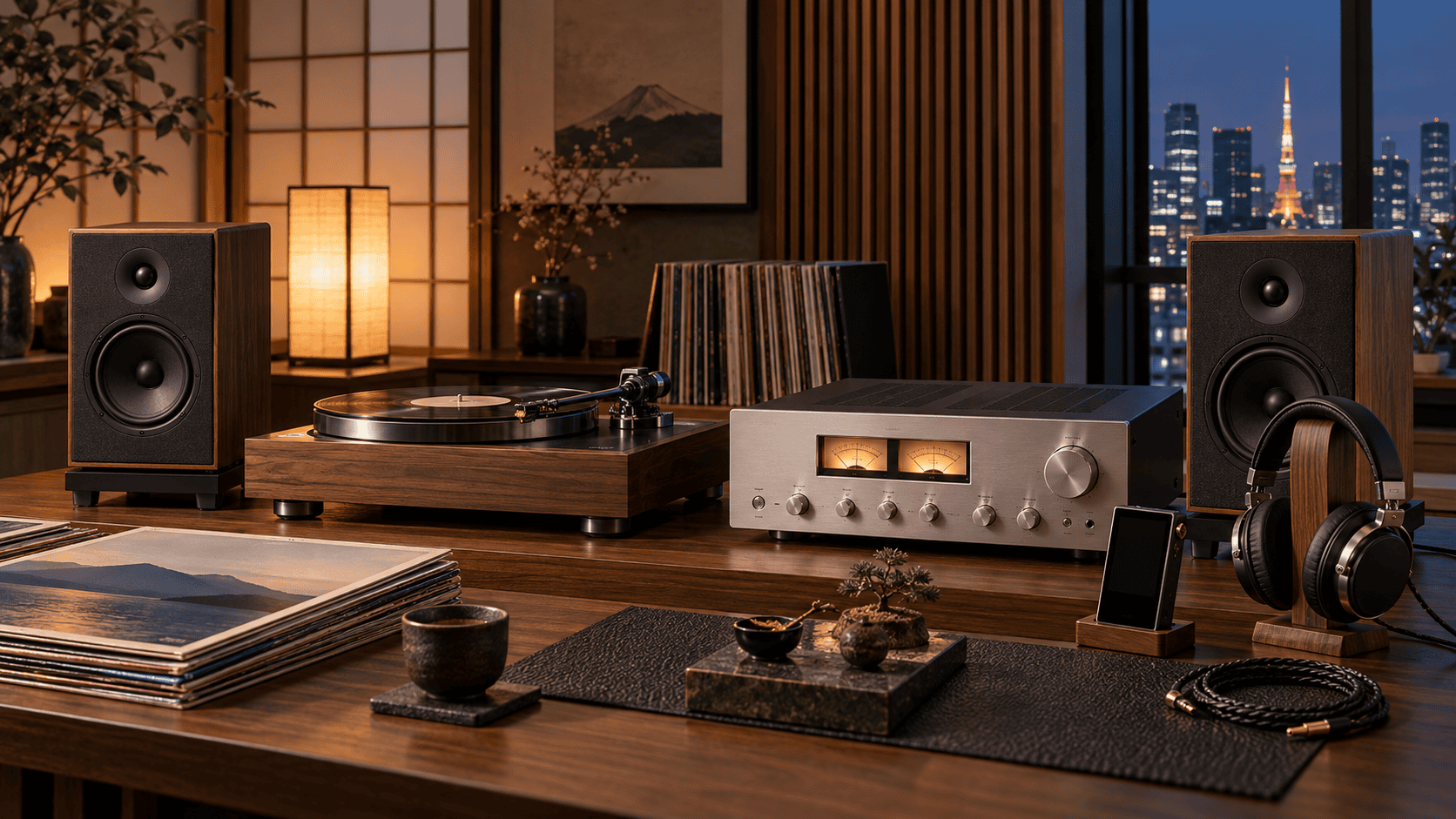 Japanese hi-fi listening room with turntable, amplifier, speakers and headphones