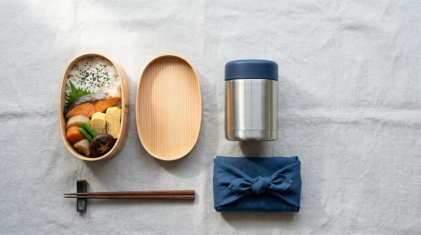 Bent cedar magewappa lunch box, stainless insulated food jar, chopsticks and cloth wrap