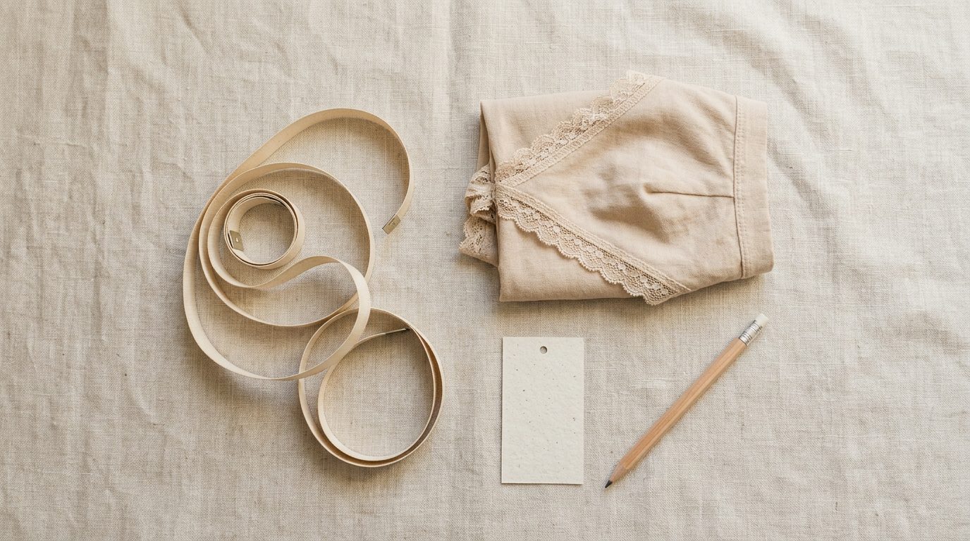 Flat lay with a centimetre measuring tape, a folded bralette and a blank size tag