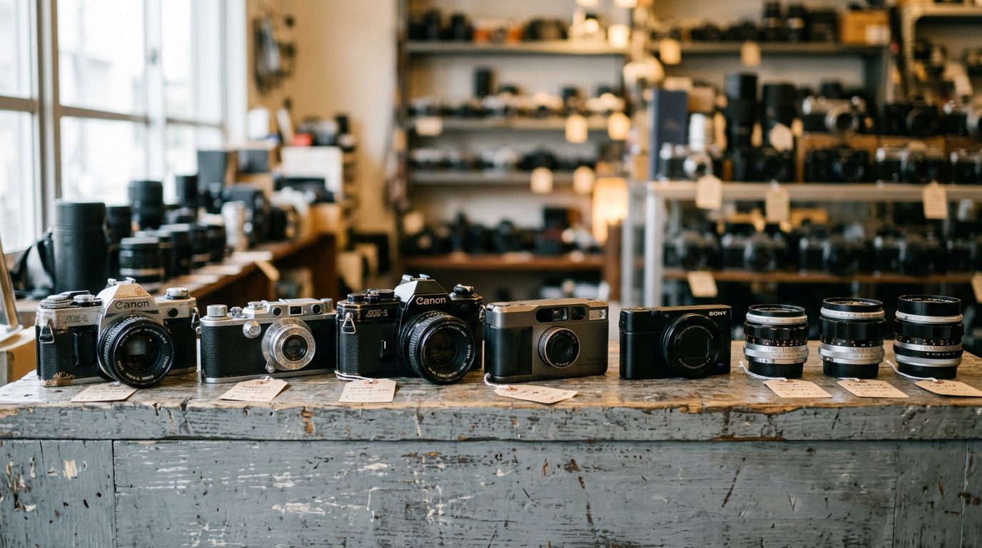 A row of vintage Japanese film cameras, a titanium compact and a modern digital compact on a used-camera shop counter in Tokyo