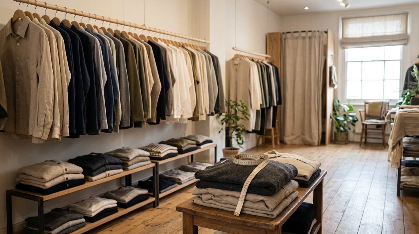 Japanese clothing store interior with hanging shirts and a measuring tape