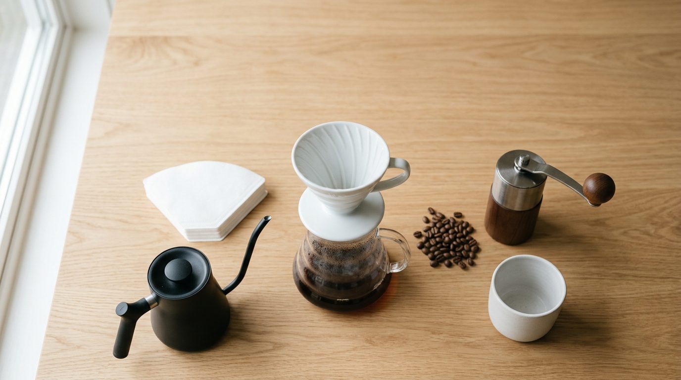 Pour-over coffee setup on an oak worktop with dripper, paper filters, gooseneck kettle and hand grinder