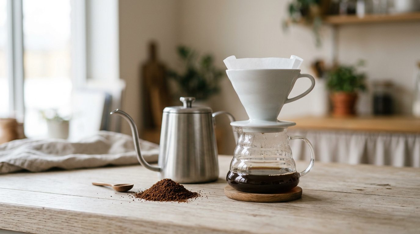 Ceramic cone pour-over dripper on a glass server beside a gooseneck kettle
