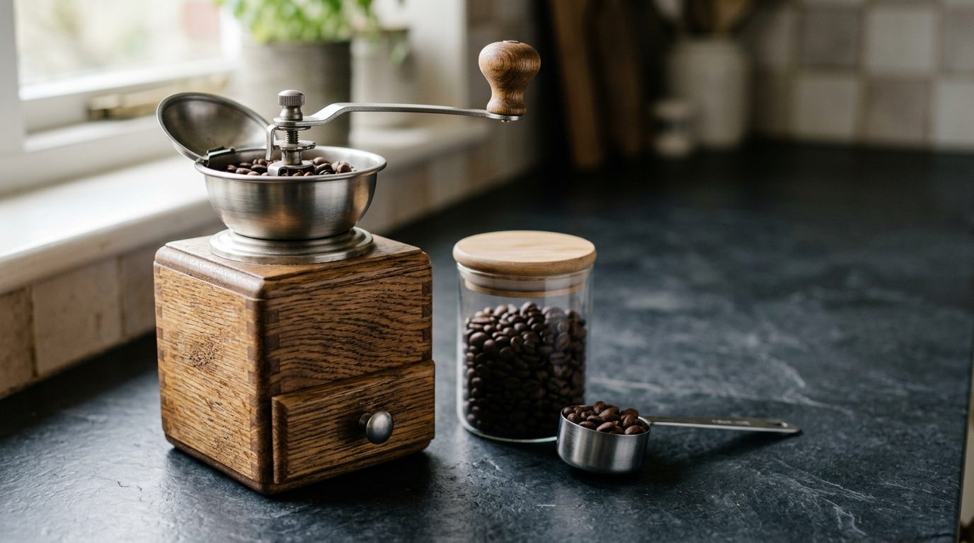 Wooden hand coffee grinder beside a glass jar of beans and a steel scoop