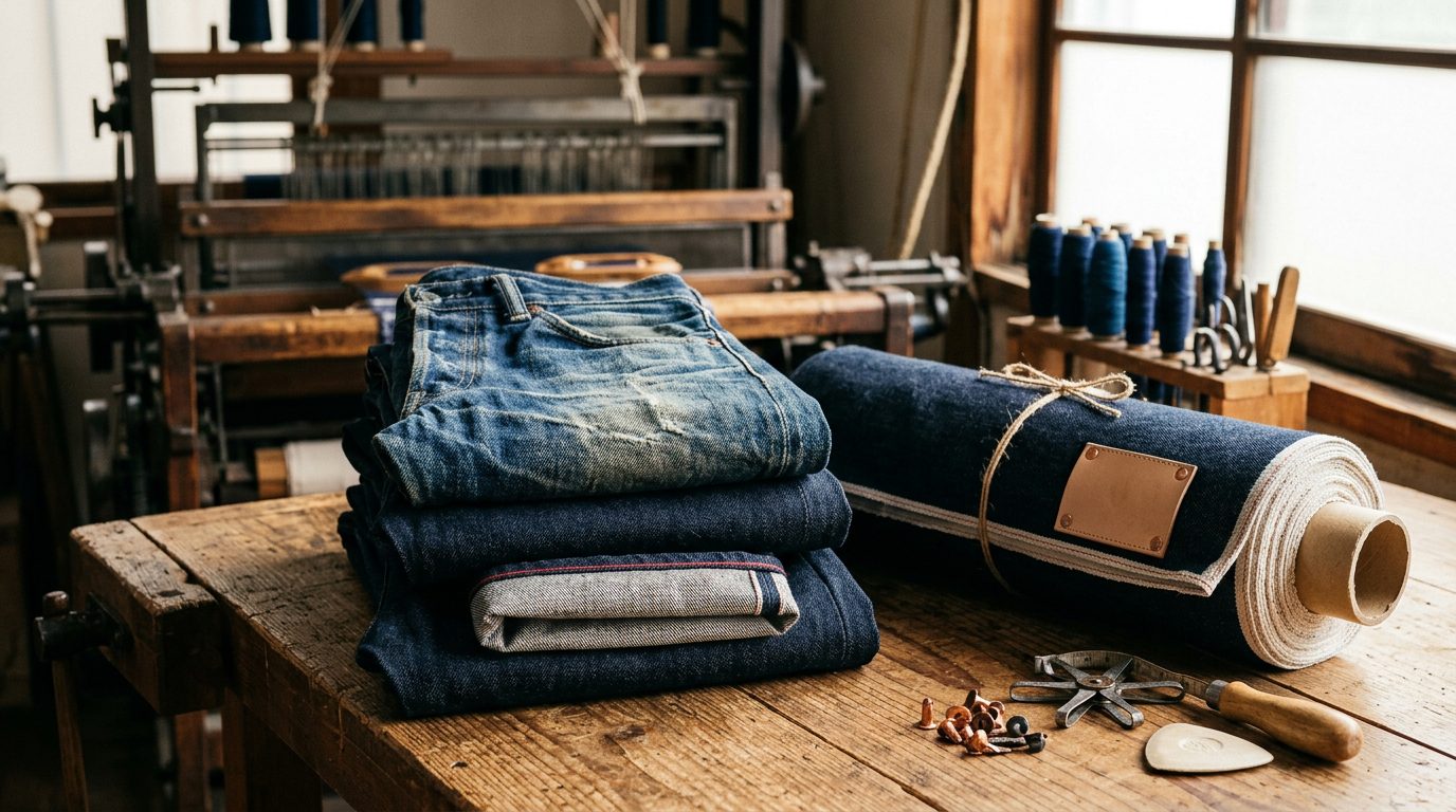 A stack of raw indigo selvedge jeans with red-line cuffs and a faded pair on top, a bolt of denim and a shuttle loom in a Kojima workshop
