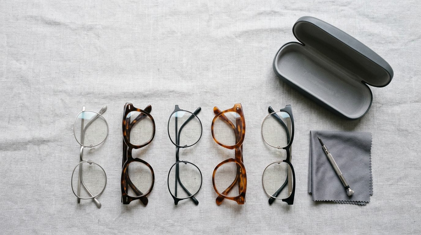 Five unbranded eyeglass frames in titanium and acetate laid out on pale grey linen