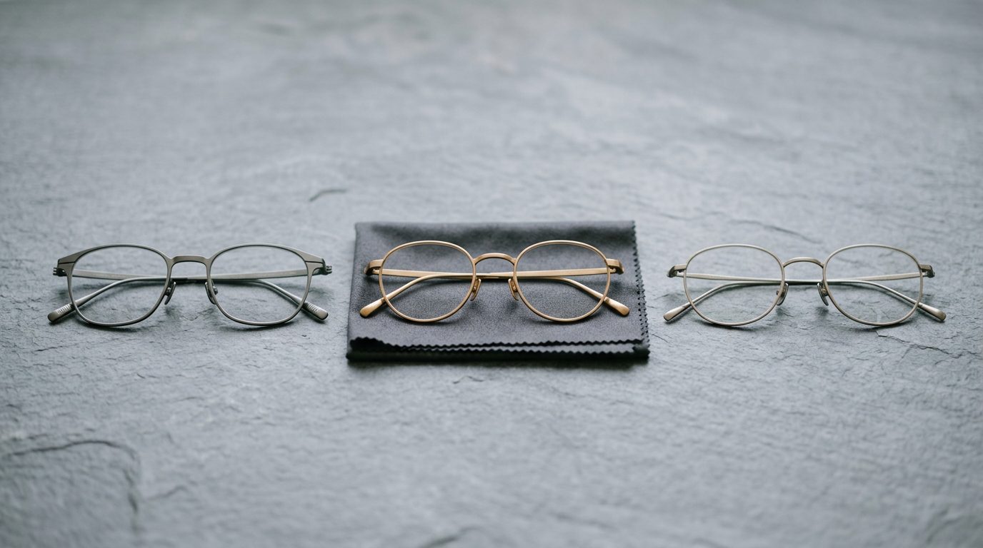 Three thin titanium and metal eyeglass frames arranged on a grey stone surface
