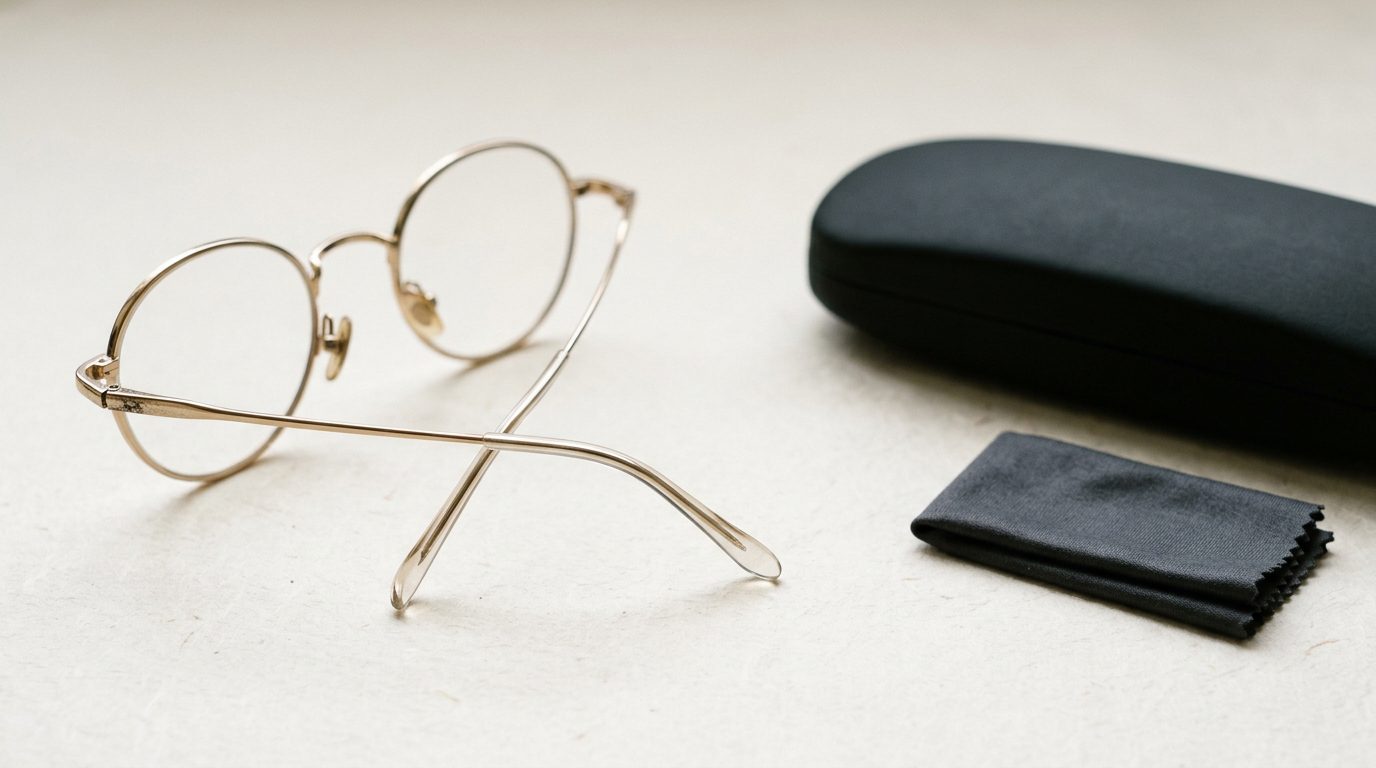 Round metal eyeglasses open beside a hard case and lens cloth on cream paper