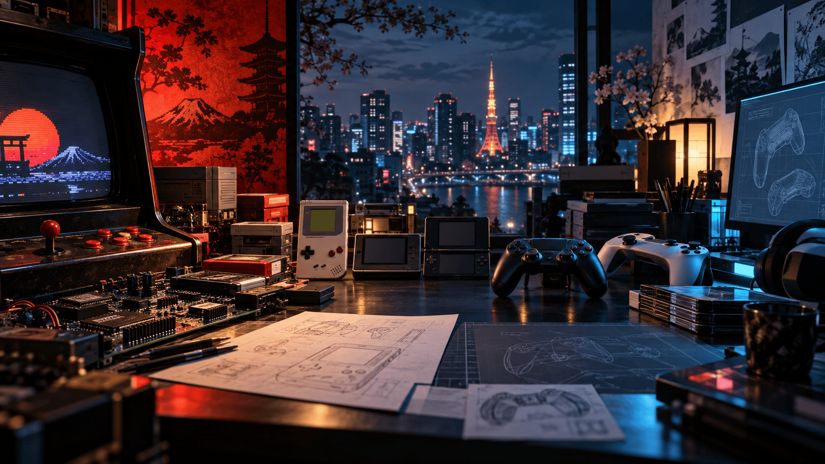 Japanese video game development desk spanning arcade, handheld and modern console eras