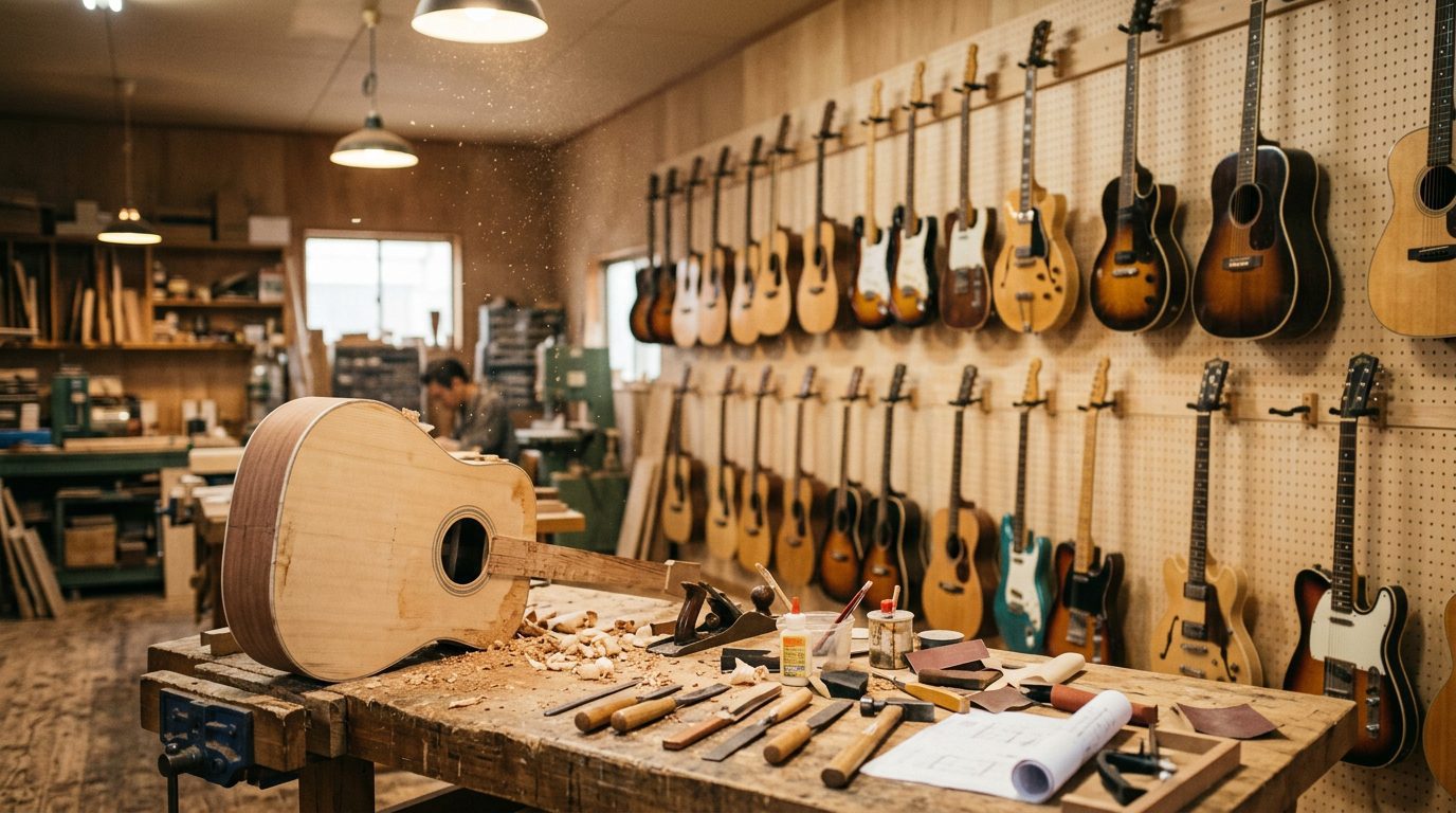 Japanese guitar workshop with electric and acoustic guitars on the wall and a workbench