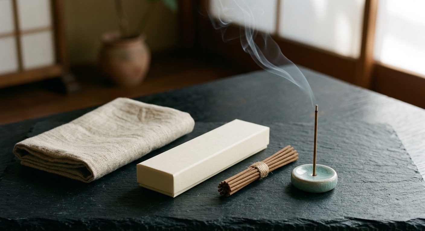 Japanese incense sticks in a paper box beside a small ceramic incense holder