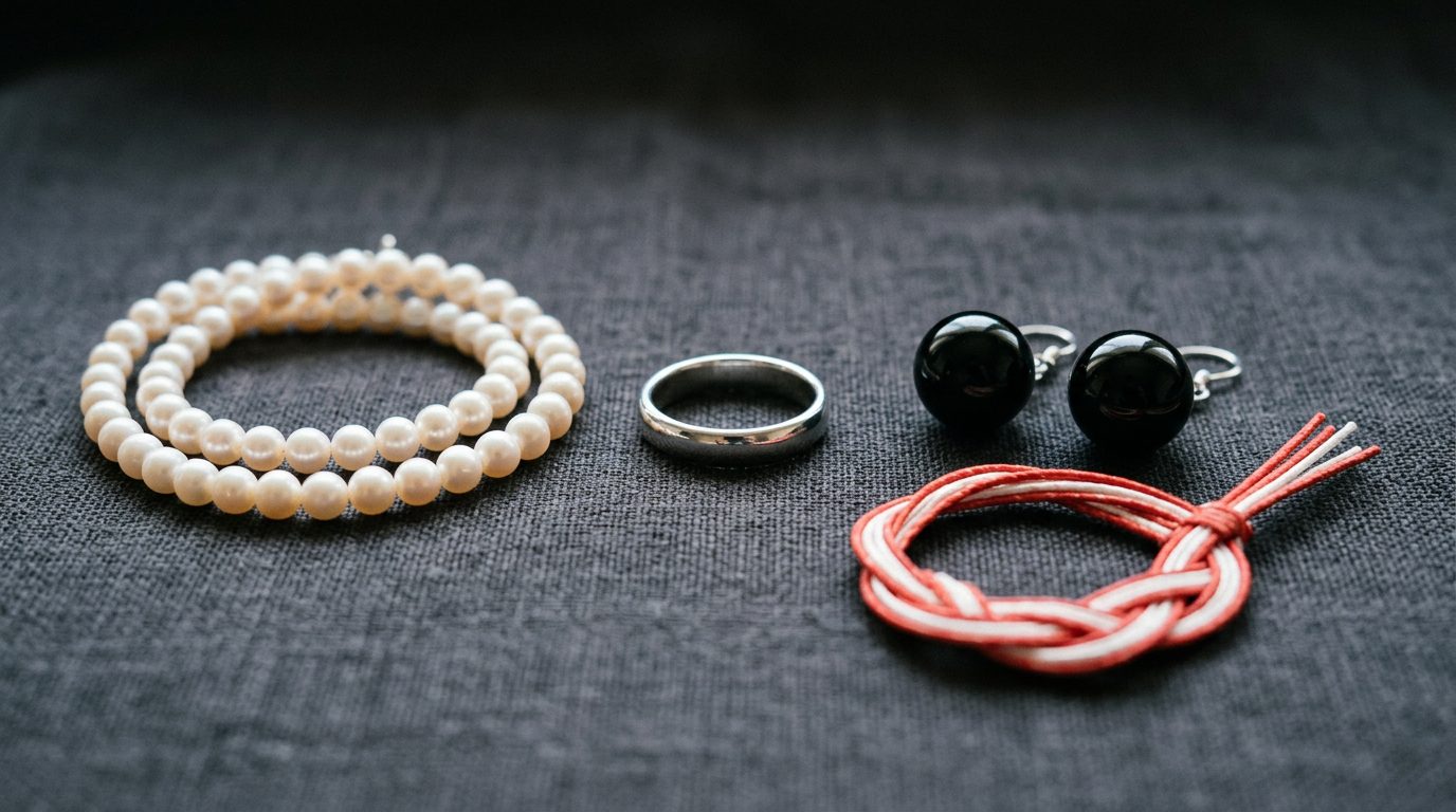 Japanese jewellery still life with a pearl strand, silver ring and lacquer bead earrings