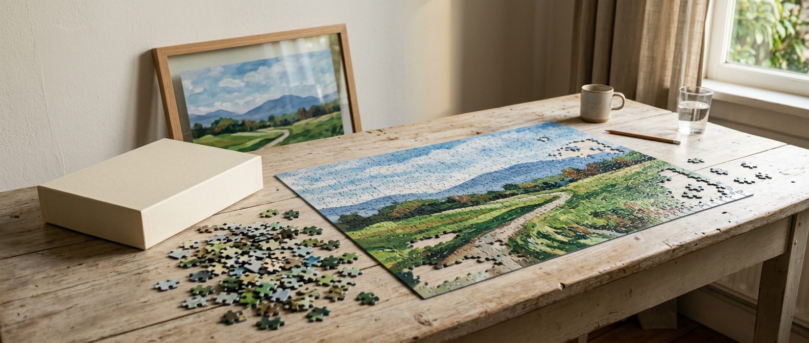 Partly assembled jigsaw puzzle on a wooden table with loose pieces, plain box and frame