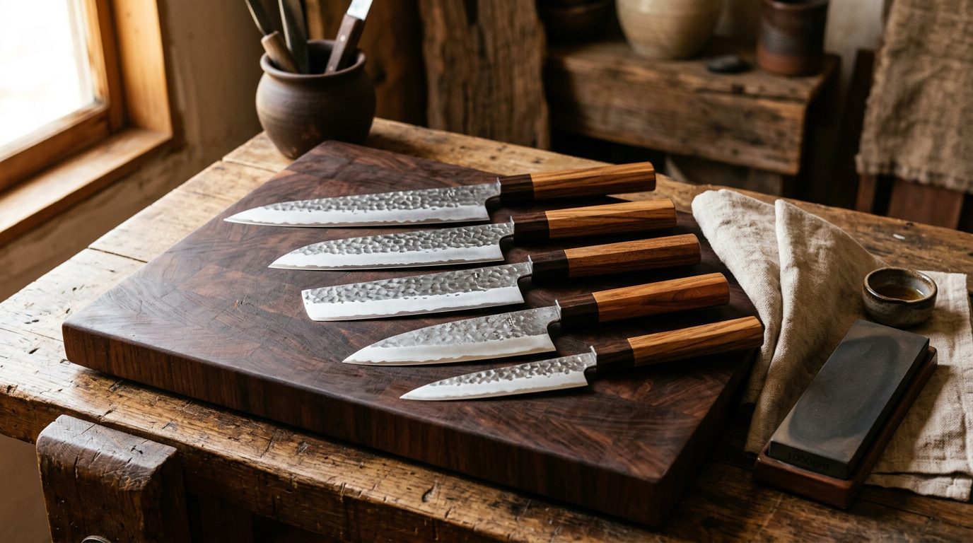 Five Japanese kitchen knives with hammered and polished blades and octagonal wooden handles fanned on a dark cutting board next to a whetstone