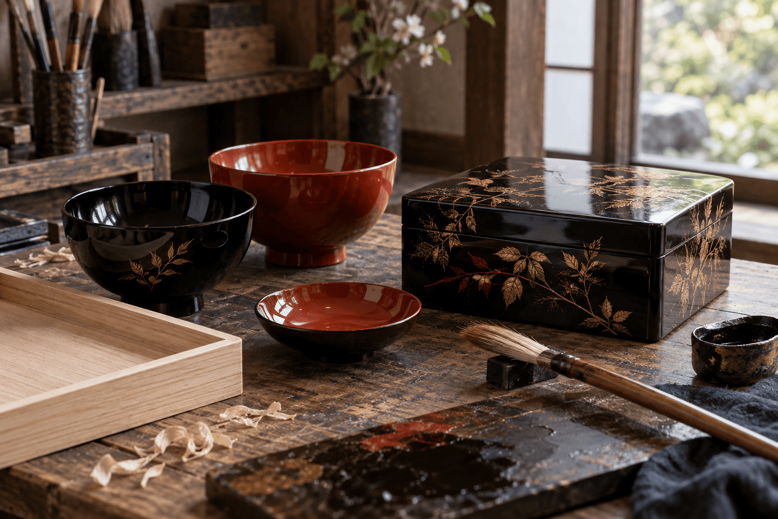 Black and vermilion Japanese lacquer bowls and maki-e box in an artisan workshop