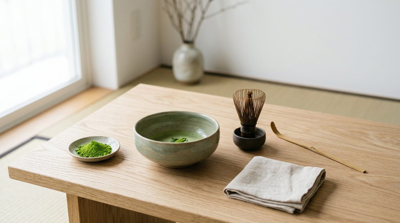 Japanese matcha bowl, bamboo whisk on its keeper, scoop and a dish of matcha powder