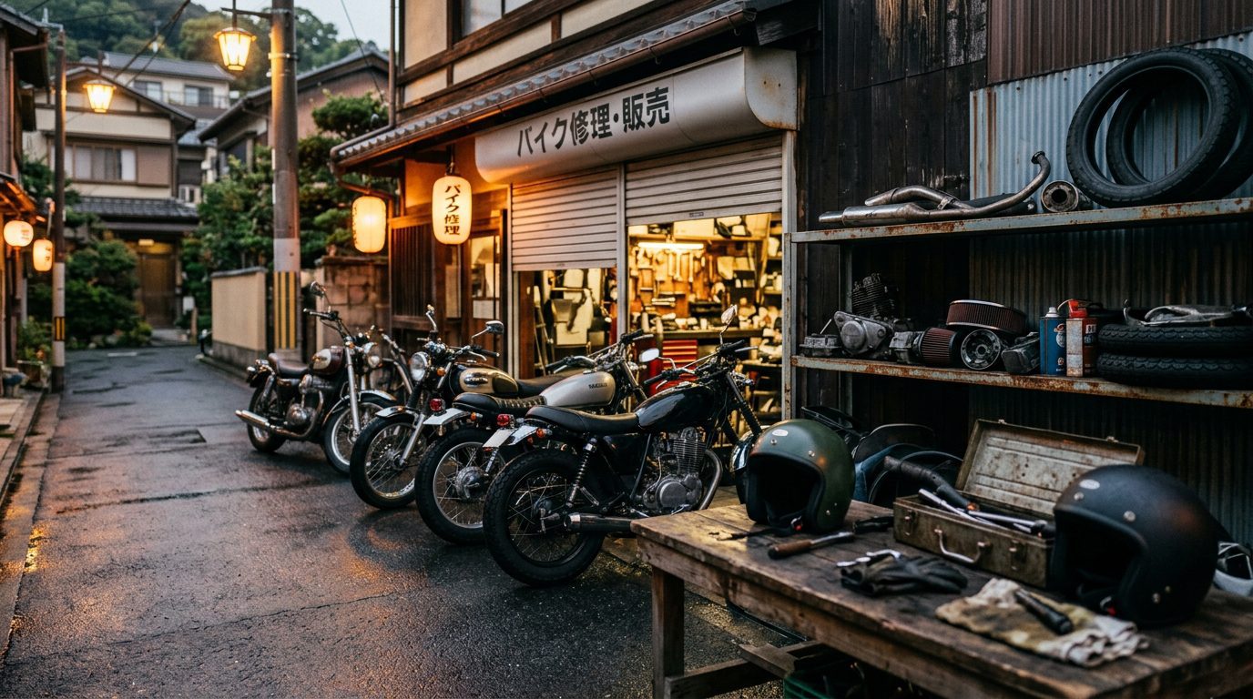 Motorcycles parked outside a small Japanese motorcycle workshop at dusk
