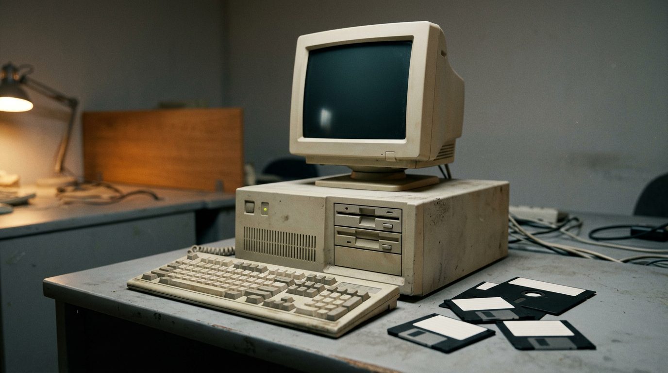 Beige 1990s Japanese desktop computer with a small CRT monitor, keyboard and loose floppy disks