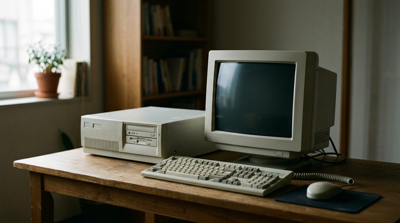 Beige 1990s Japanese desktop computer with CRT monitor and keyboard on a wooden desk