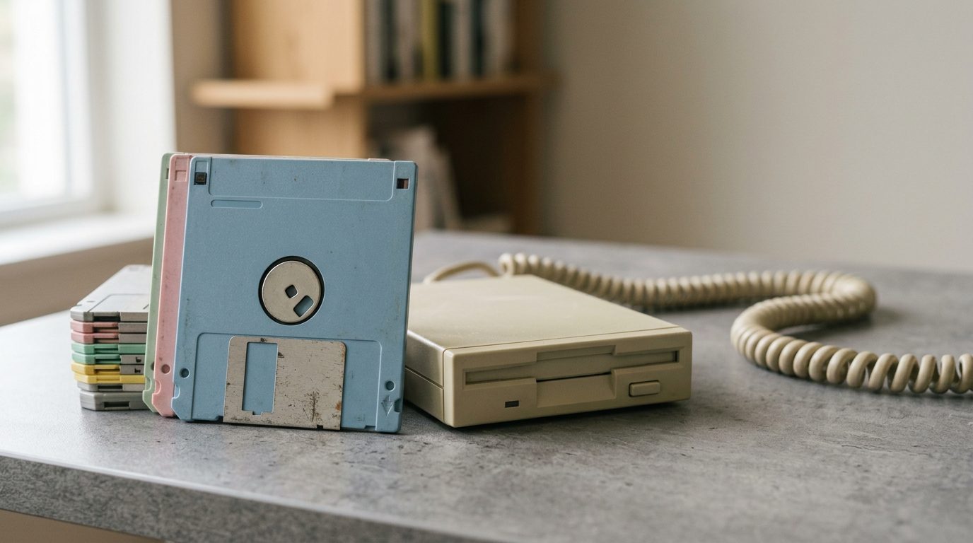 Stack of 3.5 inch floppy disks beside an external drive and a coiled beige cable